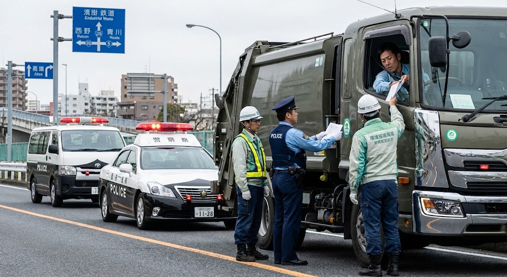 産業廃棄物運搬車両への路上検問と取り締まり