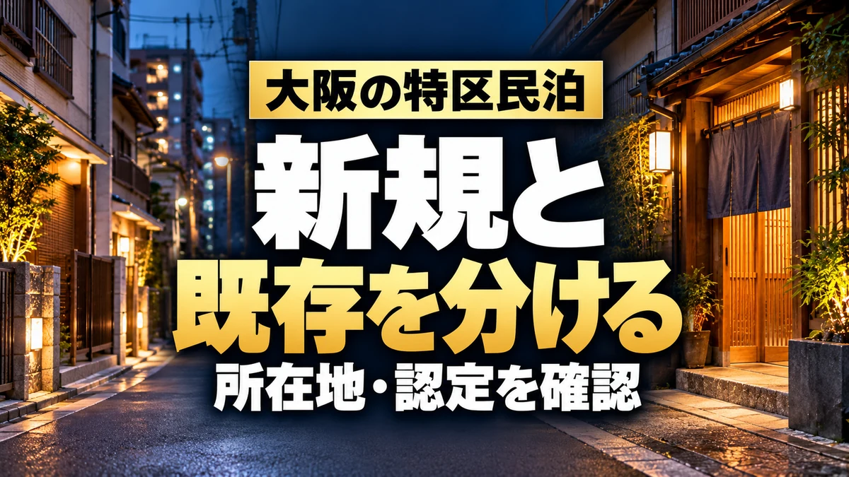 大阪の特区民泊｜新規と｜既存を分ける｜所在地・認定を確認。テーマを表すイメージ。
