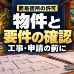 簡易宿所の許可、物件と要件の確認。工事・申請の前に。宿泊施設と準備資料のイメージ。