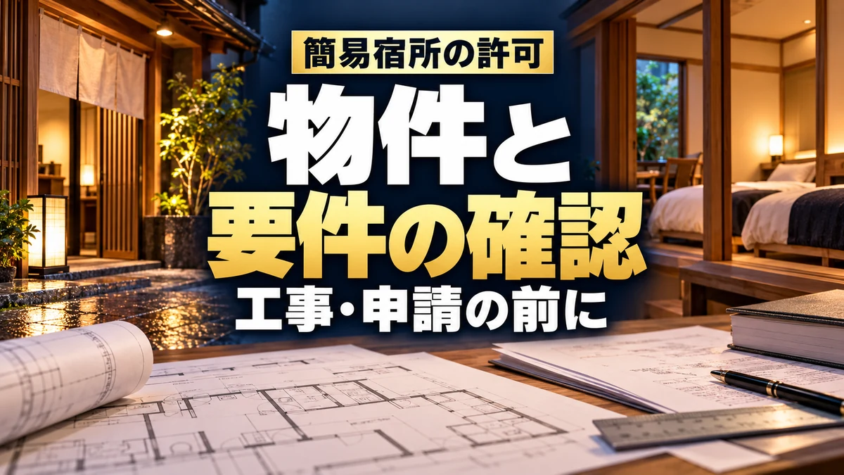 簡易宿所の許可、物件と要件の確認。工事・申請の前に。宿泊施設と準備資料のイメージ。