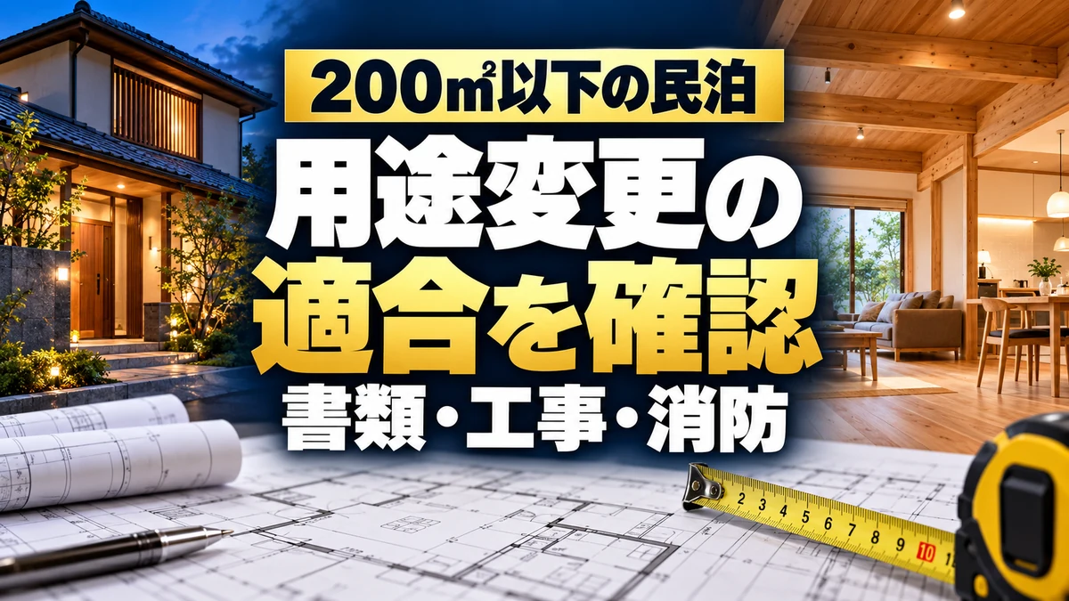 200㎡以下の民泊｜用途変更の｜適合を確認｜書類・工事・消防。テーマを表すイメージ。