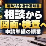 消防法令適合通知書｜相談から｜図面・検査へ｜申請準備の順番。テーマを表すイメージ。