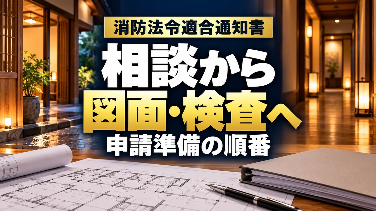 消防法令適合通知書｜相談から｜図面・検査へ｜申請準備の順番。テーマを表すイメージ。