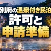 別府で温泉付き民泊を始めるには？温泉利用許可・申請書類・入湯税の確認順序（AI生成のイメージ）