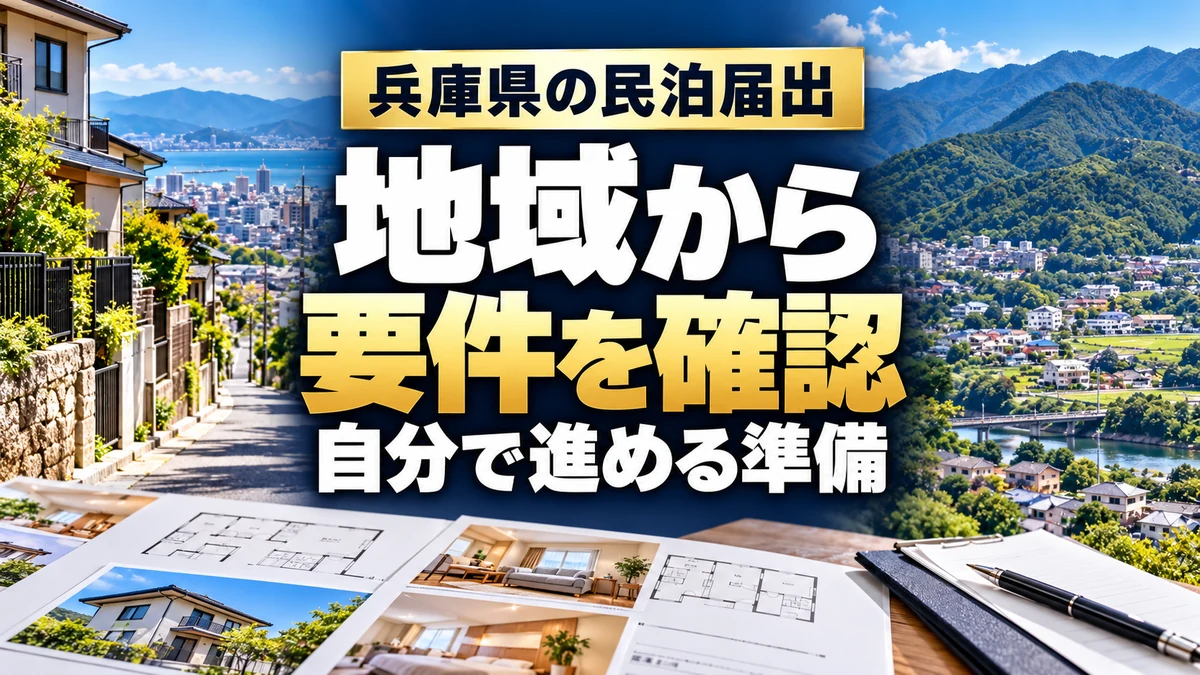兵庫県の民泊届出｜地域から｜要件を確認｜自分で進める準備。テーマを表すイメージ。