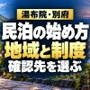 湯布院・別府の民泊は地域と制度から確認先を選ぶ。二地域を描いたAIイメージ。