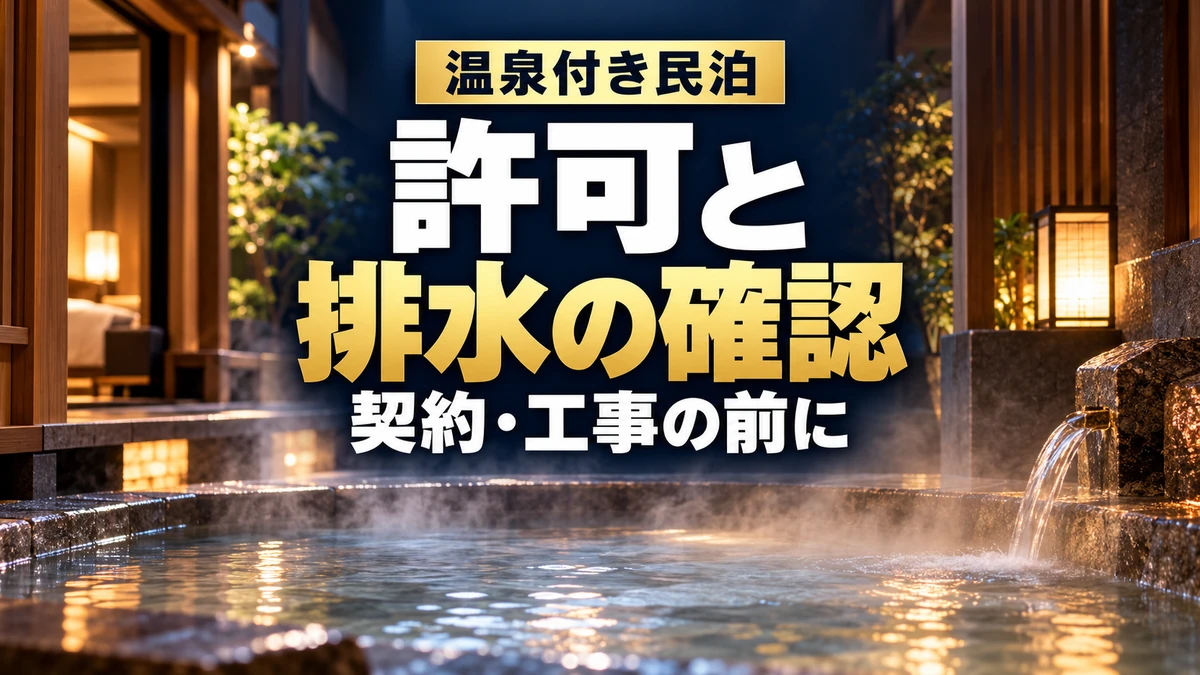 湯けむりの立つ露天風呂を背景に「温泉付き民泊 許可と排水の確認 契約・工事の前に」と記した画像。架空の温泉宿のAIイメージ。