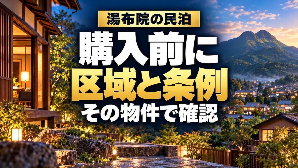 湯布院の民泊は購入前に区域と条例を確認。山里の住宅を描いたAIイメージ。