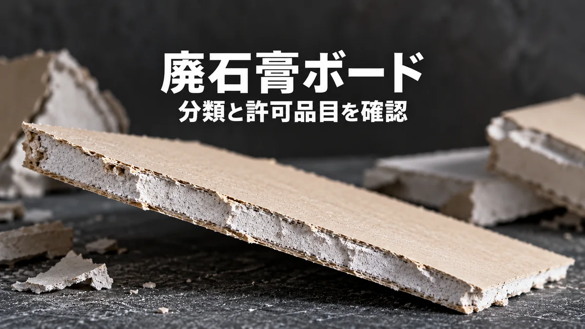 白い石膏の芯と表面の紙が見える石膏ボード断面のイメージ。分類と許可品目の確認を案内する画像。