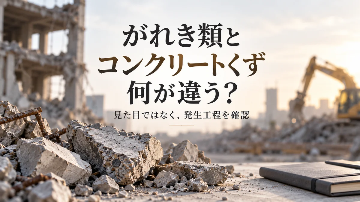 コンクリート片と工事現場のイメージ。がれき類とコンクリートくずの違いを発生工程から確認する記事の案内。