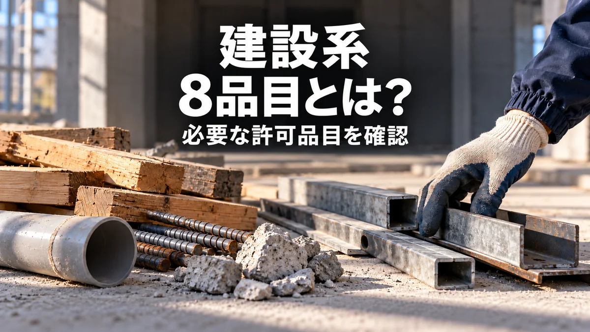 建設現場の木材、金属部材、塩ビ管、コンクリート片を確認するイメージ。建設系8品目と必要な許可品目の確認を案内する画像。