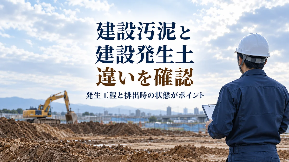 掘削現場で記録を確認する作業者のイメージ。建設汚泥と建設発生土の違いを発生工程と排出時の状態から確認する記事の案内。
