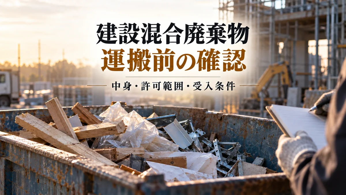 木片・樹脂・金属片が混在するコンテナと記録確認のイメージ。建設混合廃棄物の中身・許可範囲・受入条件を確認する記事の案内。