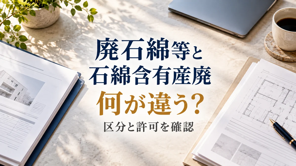 廃石綿等と石綿含有産業廃棄物の違いを、建物の資料から確認する場面のAI生成イメージ。