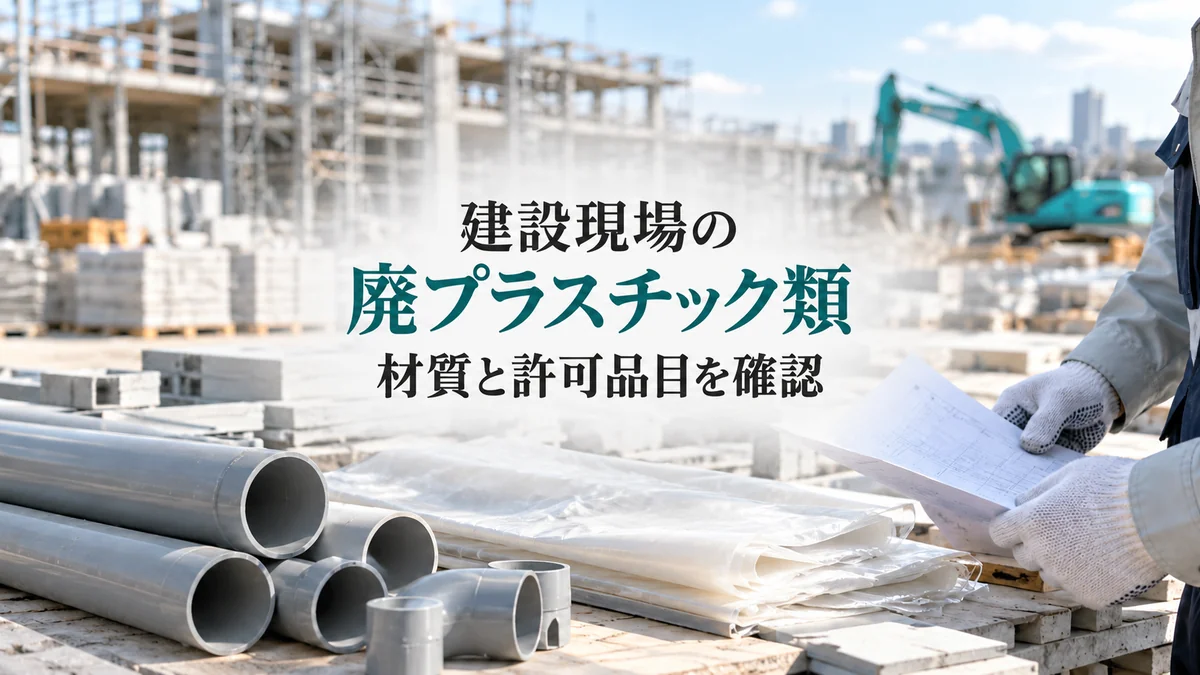 建設現場の廃材と資料を照合し、材質と許可品目を確認するイメージ（AI生成）