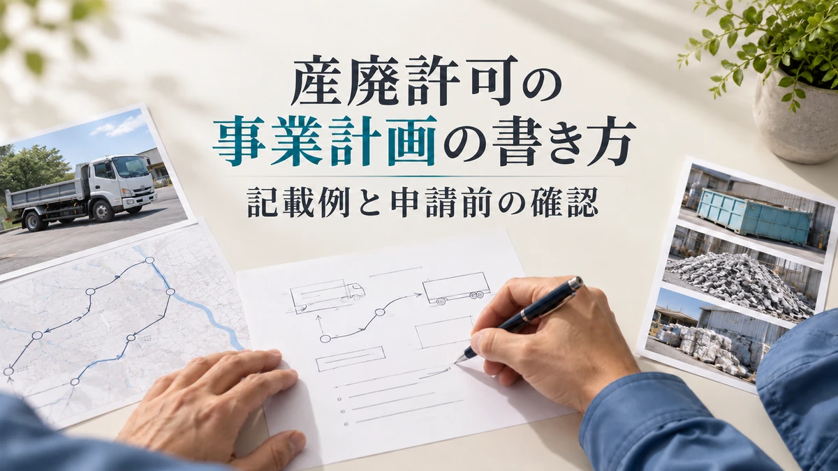 産廃収集運搬業の事業計画を、運搬ルートや車両の資料と照らして書くイメージ